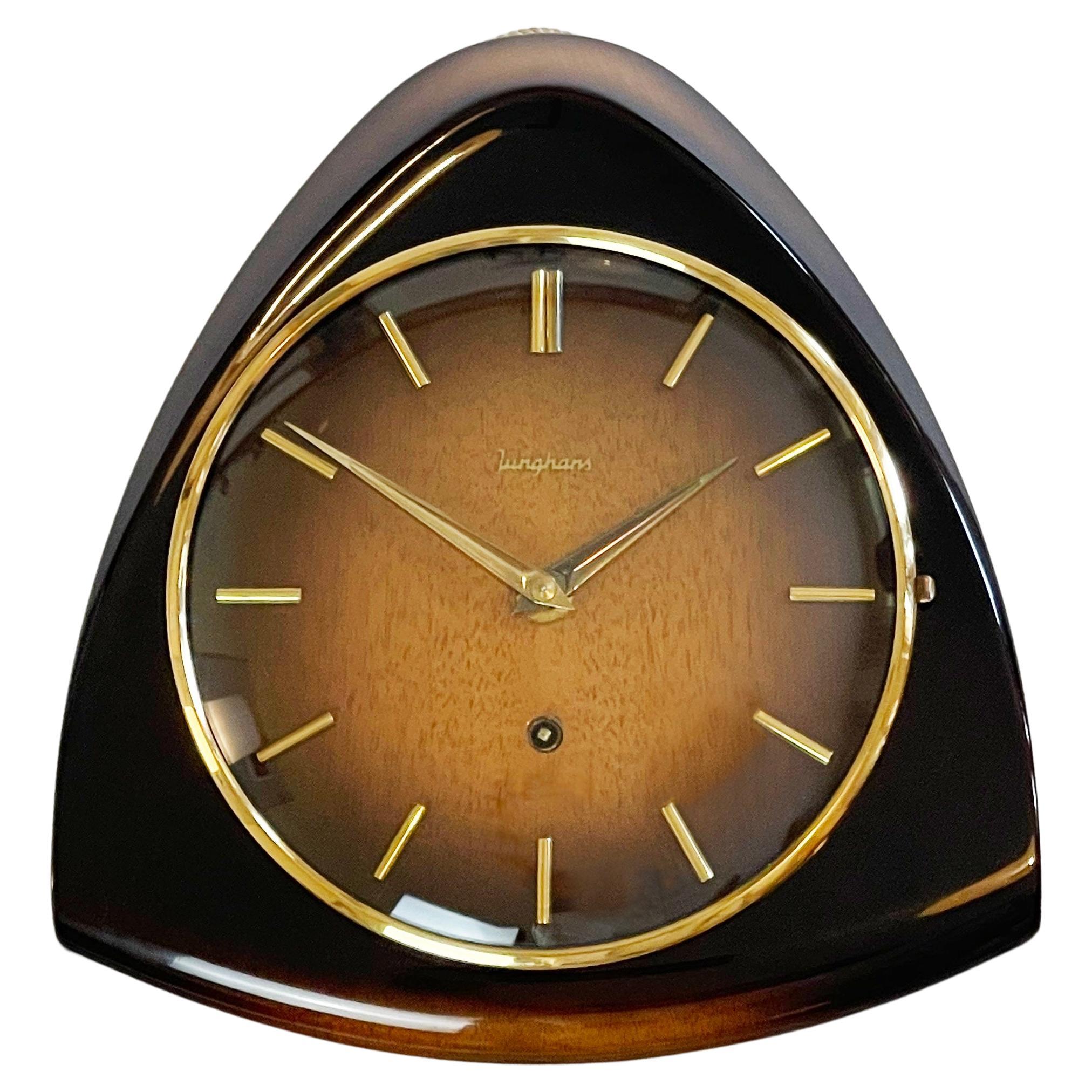 Triangle Lacquered Wood Junghans Wall Clock, Midcentury around 1960, Germany For Sale