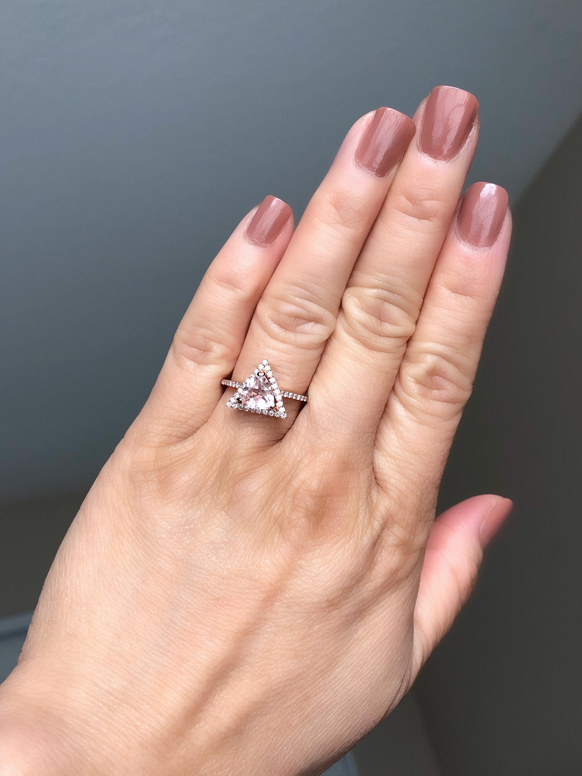 Triangle Morganite Diamond Ring in Rose Gold For Sale 1