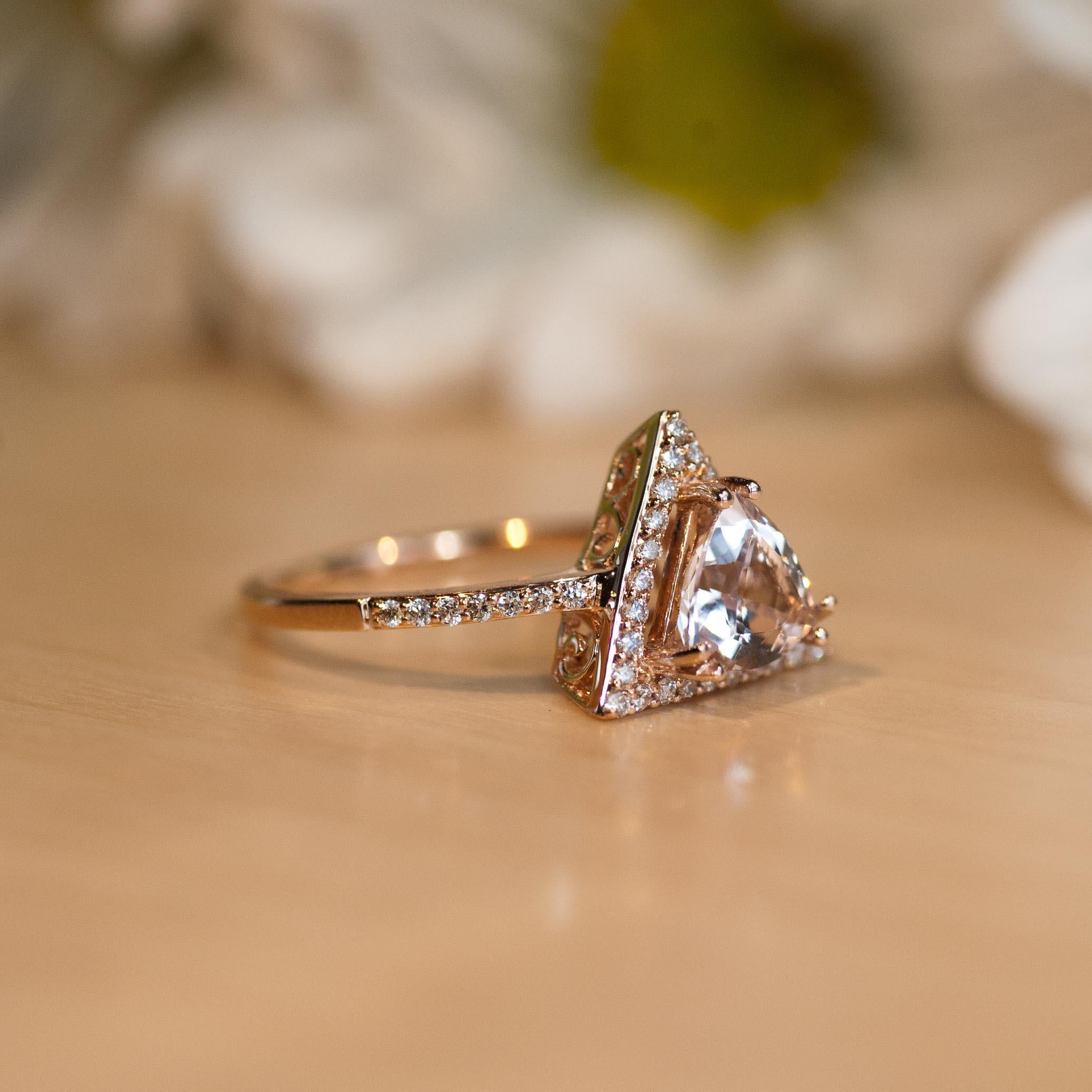 Triangle Morganite Diamond Ring in Rose Gold For Sale 2