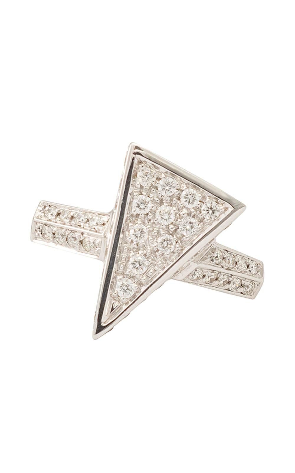Pavé diamond ring with a central triangle motif
It is a typical cocktail ring
Handcrafted in 18K white gold and brilliant cut diamonds
The modern style ring with an innovative design has a 0.65 carat diamond pave
The ring is made entirely by hand in