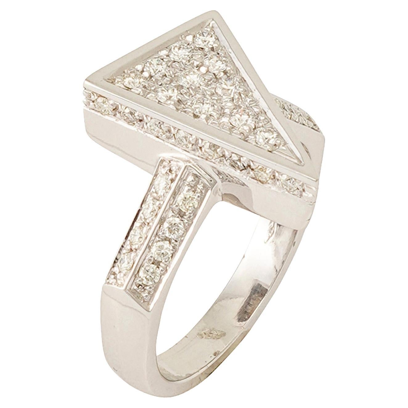 Triangle Motif Ring with Diamonds in 18k Polished White Gold For Sale