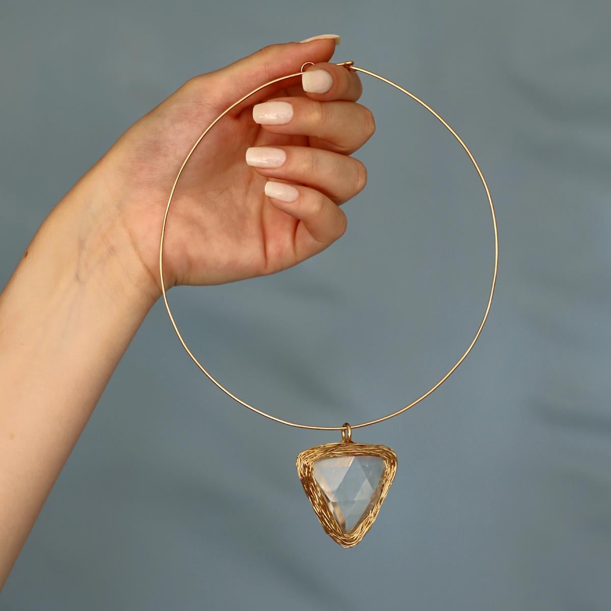 Uncut Triangle Rock Crystal choker & One-Off Necklace in 14kt Gold Cocktail Statement For Sale