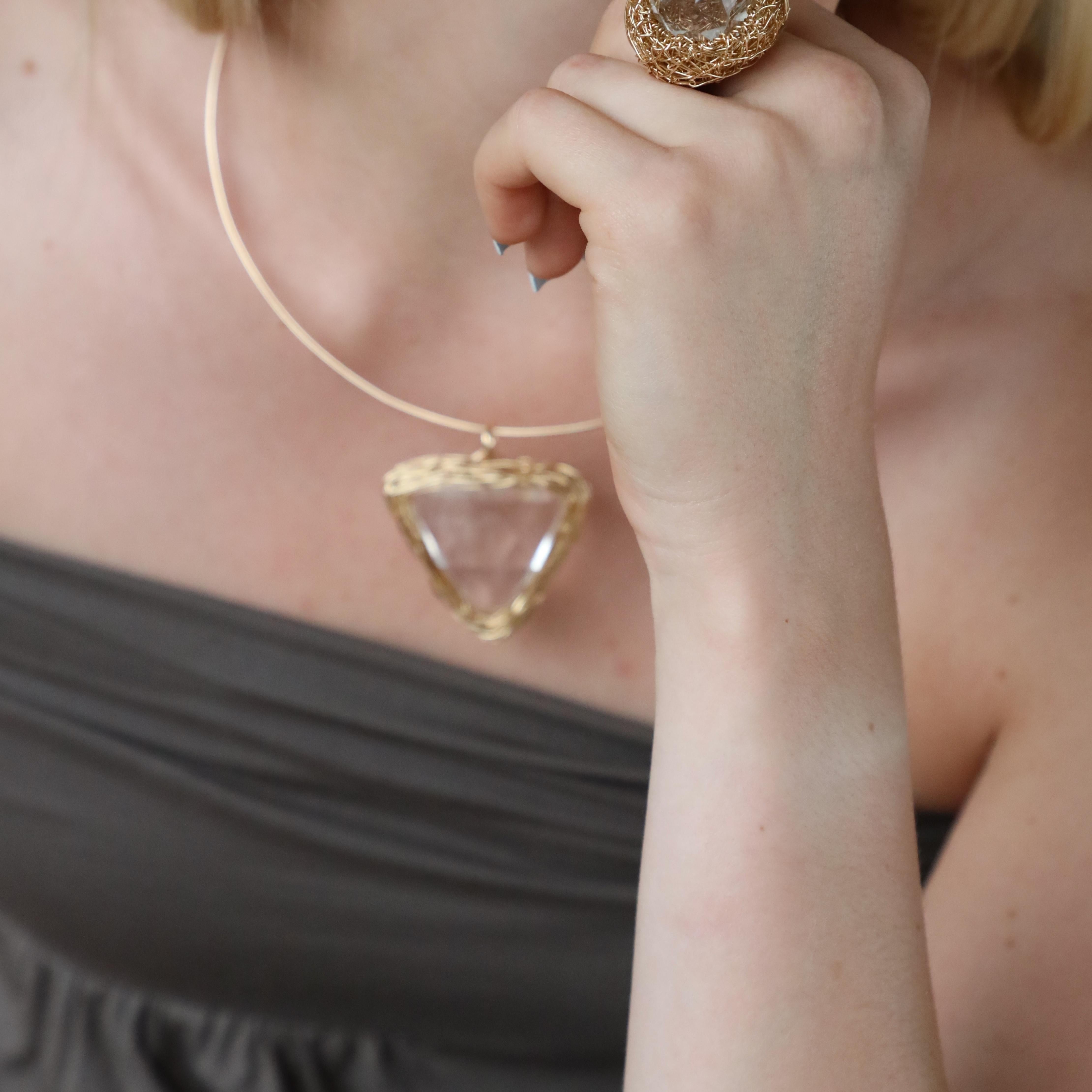 Triangle Rock Crystal choker & One-Off Necklace in 14kt Gold Cocktail Statement For Sale 2