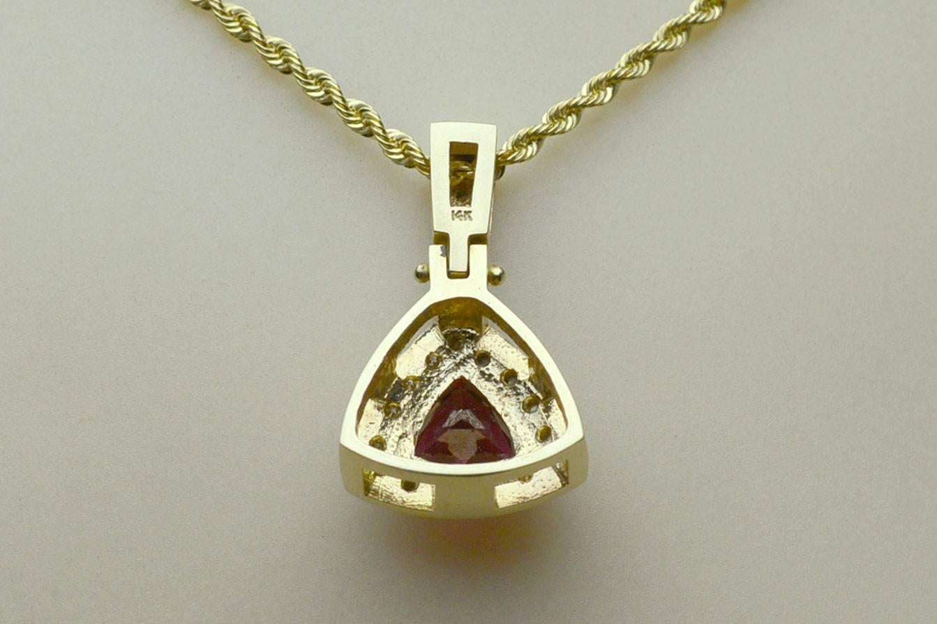 Modernist Triangle Rubellite Tourmaline Certified 3 Carat Diamond Pendant Drop Necklace