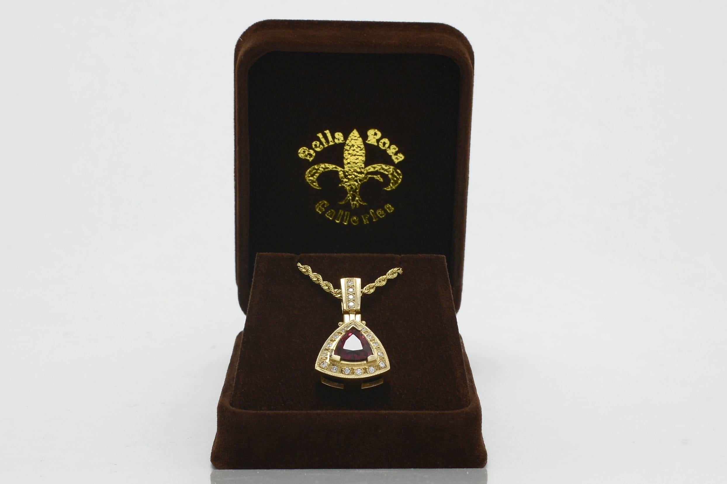 Triangle Rubellite Tourmaline Certified 3 Carat Diamond Pendant Drop Necklace In New Condition In Santa Barbara, CA