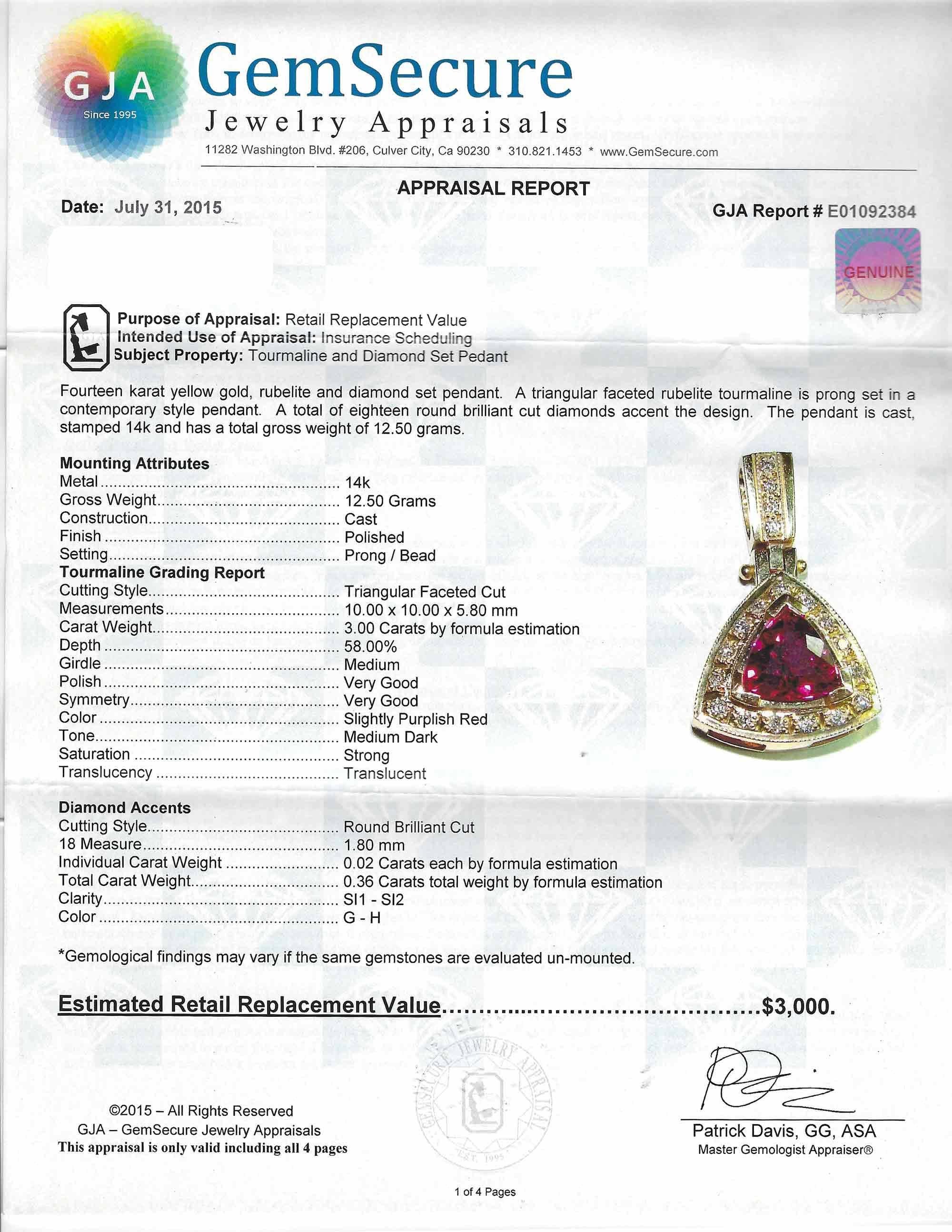Women's or Men's Triangle Rubellite Tourmaline Certified 3 Carat Diamond Pendant Drop Necklace