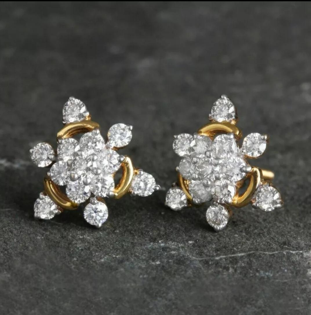 Triangle Shape Diamond Stud Earrings 14K Solid Gold Floral Handmade Earring Gift For Sale 5