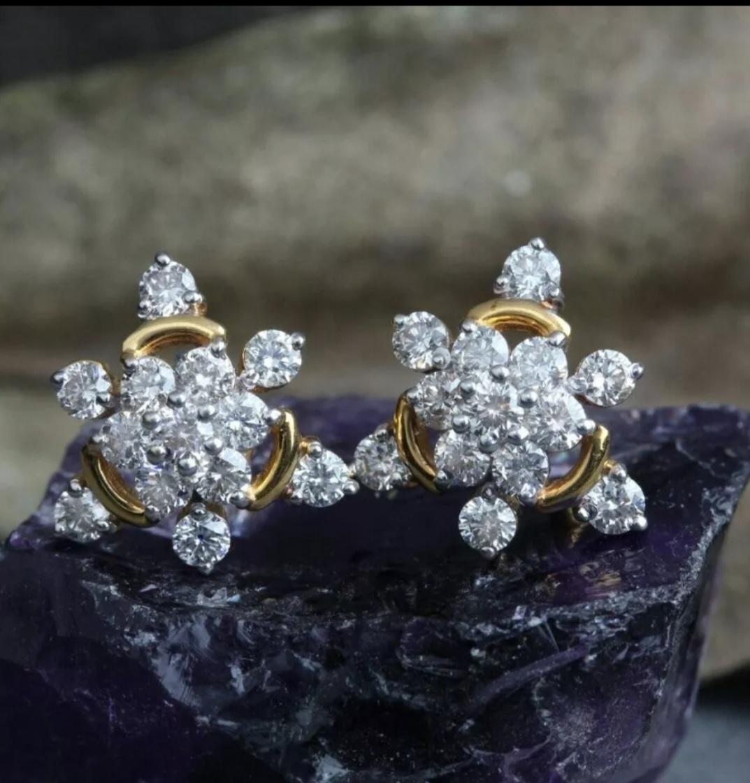Triangle Shape Diamond Stud Earrings 14K Solid Gold Floral Handmade Earring Gift For Sale 6