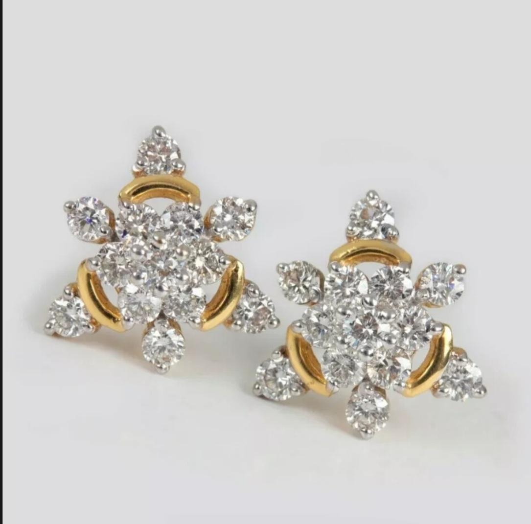 Round Cut Triangle Shape Diamond Stud Earrings 14K Solid Gold Floral Handmade Earring Gift For Sale