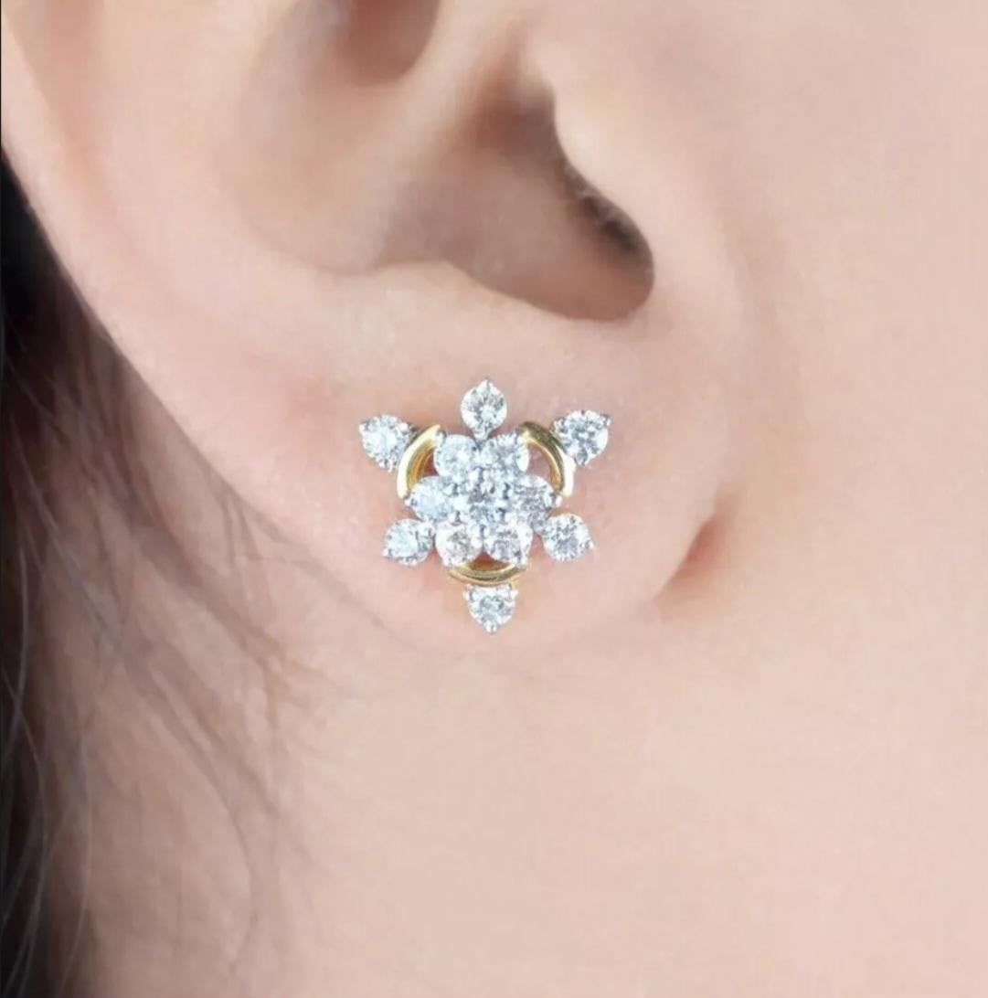Triangle Shape Diamond Stud Earrings 14K Solid Gold Floral Handmade Earring Gift For Sale 1