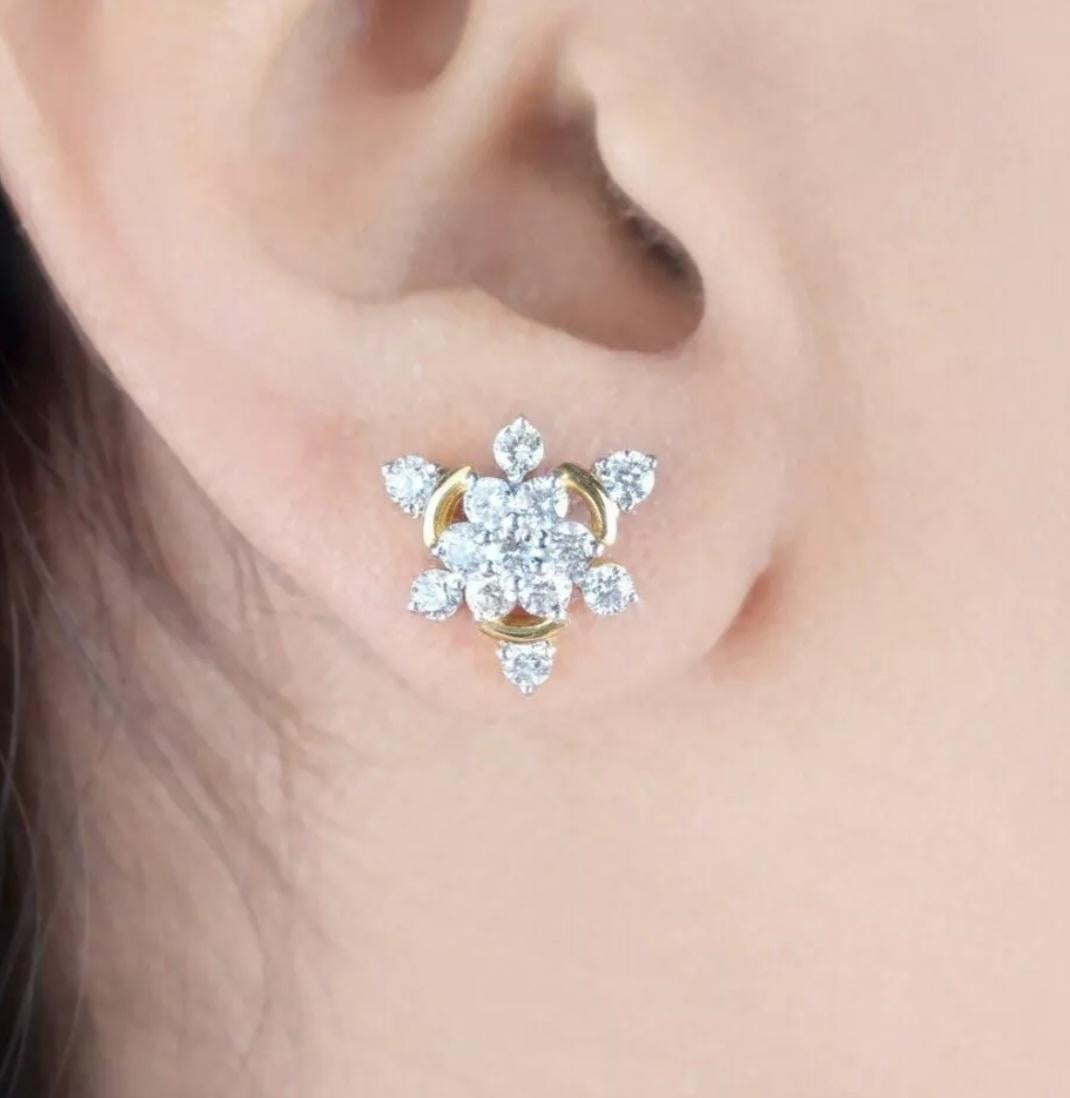 Triangle Shape Diamond Stud Earrings 14K Solid Gold Floral Handmade Earring Gift For Sale 2