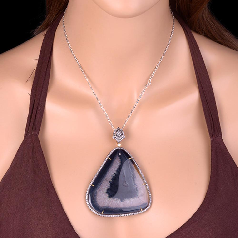 Artisan Triangle Shaped Agate Pendant with Pave Diamond Made in 18k Gold & Silver For Sale