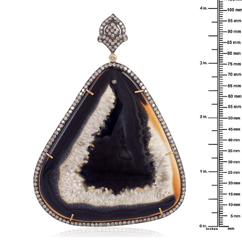 Mixed Cut Triangle Shaped Agate Pendant with Pave Diamond Made in 18k Gold & Silver For Sale