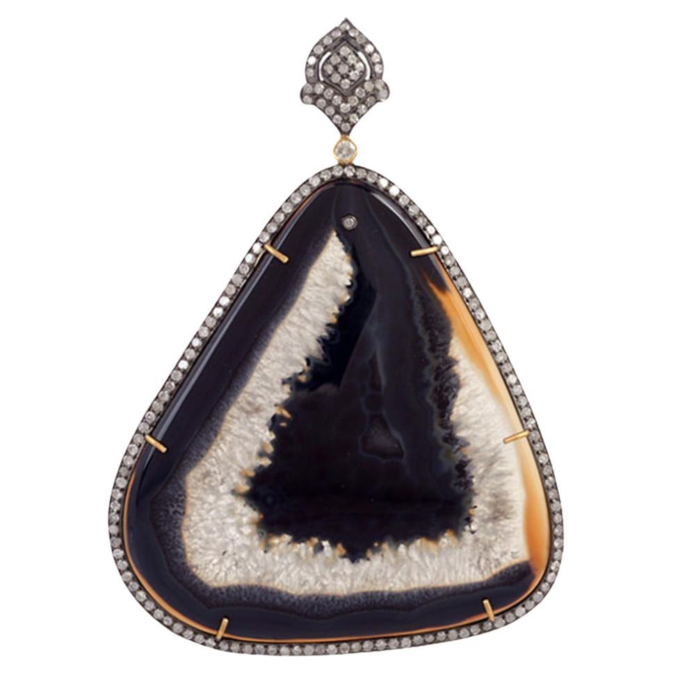 Triangle Shaped Agate Pendant with Pave Diamond Made in 18k Gold & Silver For Sale