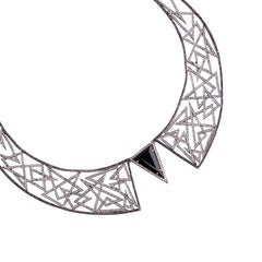 Triangle Shaped Black Onyx Collar Necklace with Pave Diamonds in Zig Zag Shape