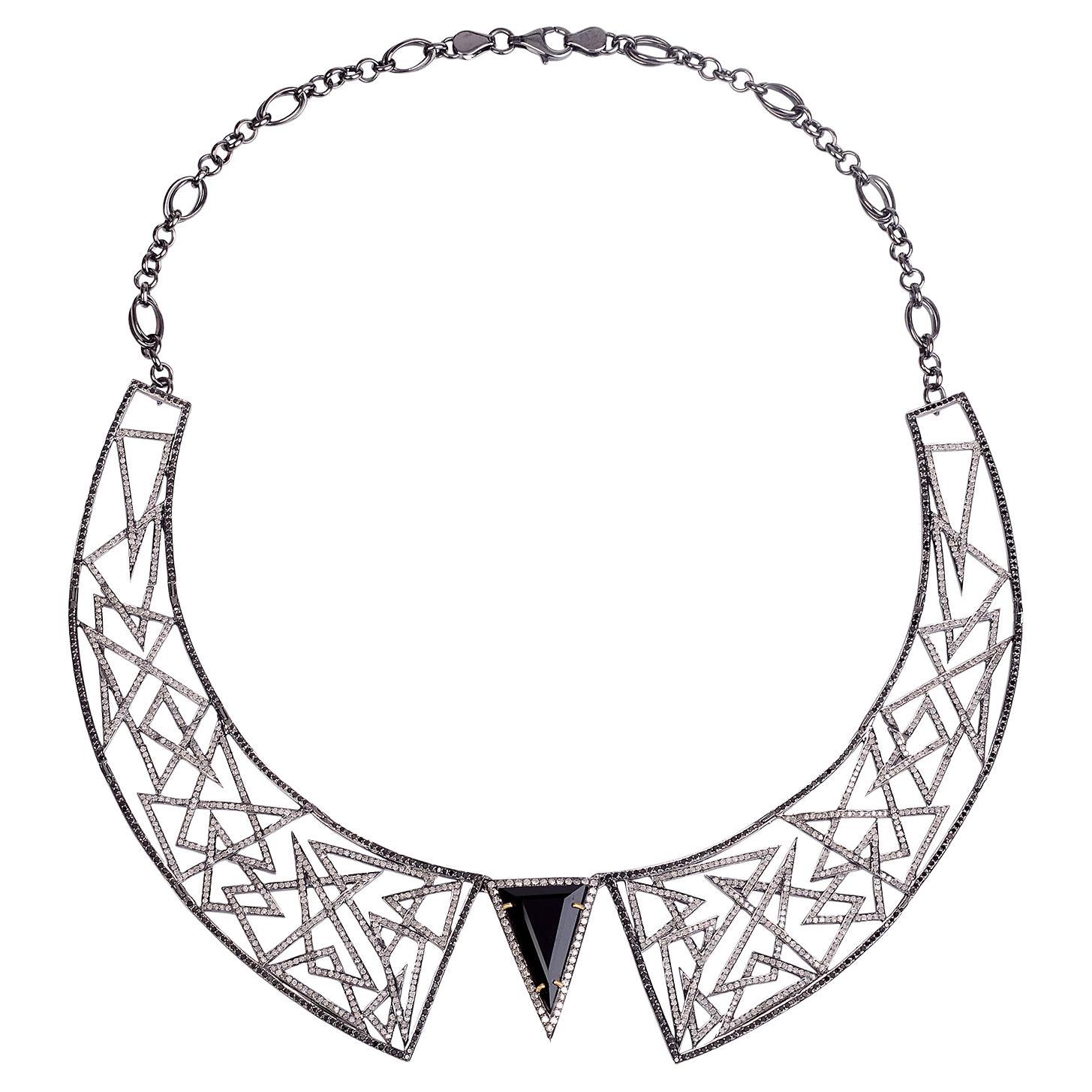 Triangle Shaped Black Onyx Collar Necklace with Pave Diamonds in Zig Zag Shape