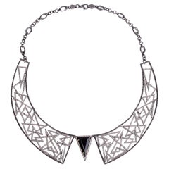 Triangle Shaped Black Onyx Collar Necklace with Pave Diamonds in Zig Zag Shape