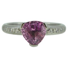 Pre-owned, Pink Sapphire Solitaire Ring with Diamond Shoulders, Platinum Band