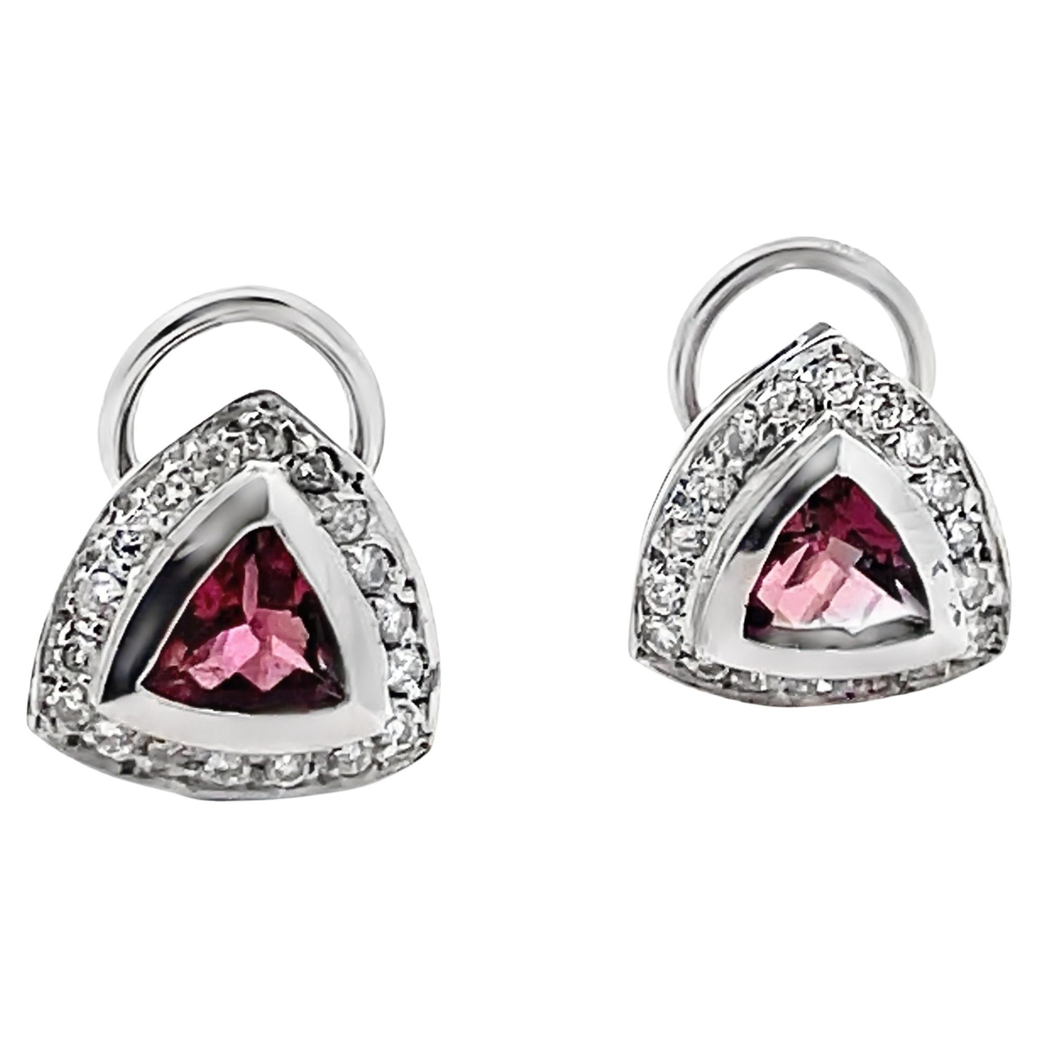 Triangle Shaped Pink Tourmaline Earrings with Halo Diamonds and Omega Backs For Sale
