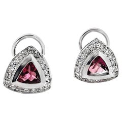 Triangle Shaped Pink Tourmaline Earrings with Halo Diamonds and Omega Backs