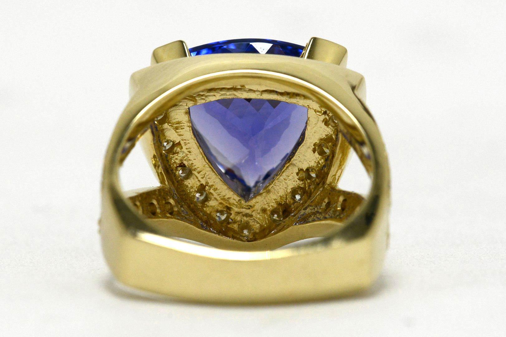 Trillion Cut 6.25 Carat Tanzanite Cocktail Ring Triangle Yellow Gold Certified Appraisal