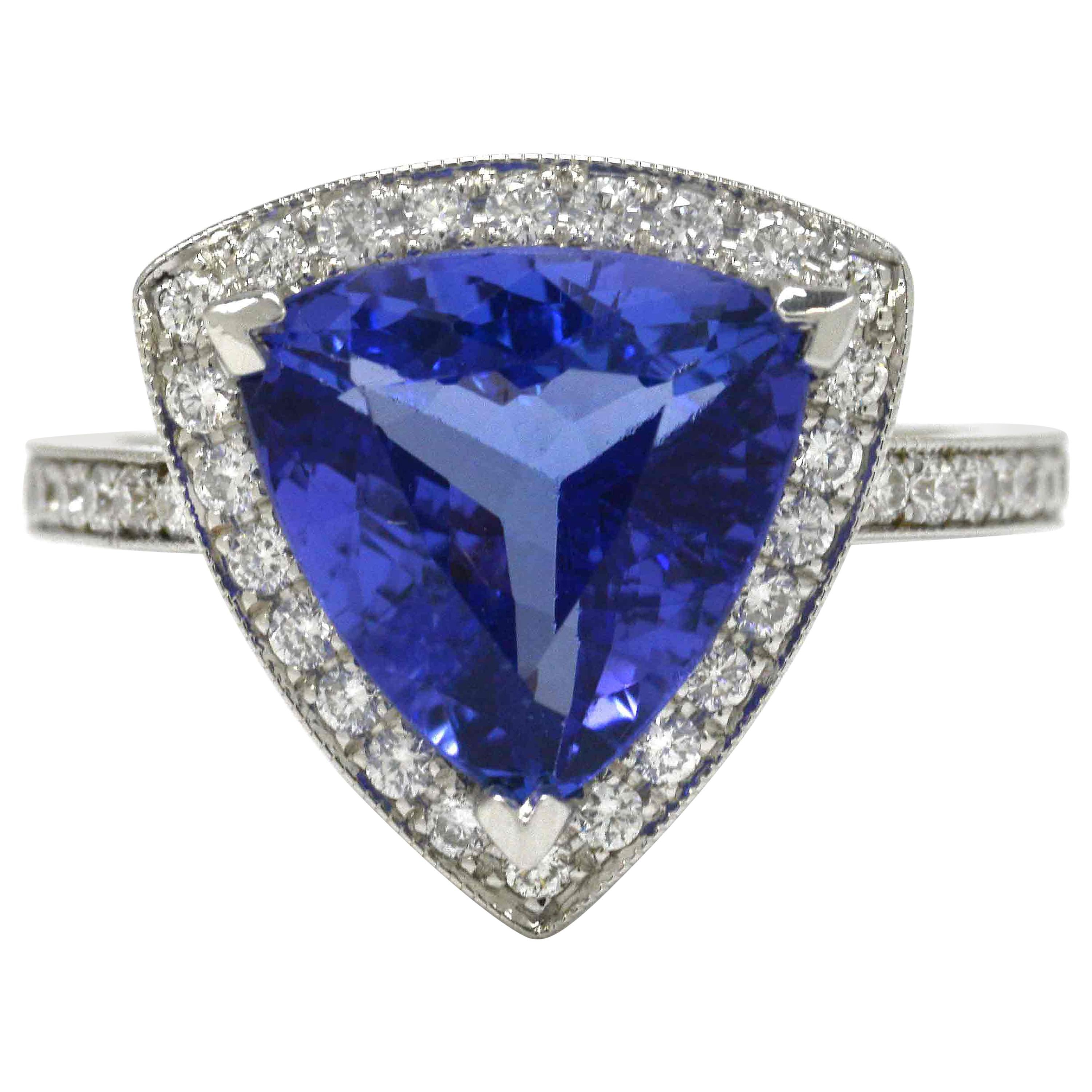 3.60 Carat Triangle Tanzanite Diamond Engagement Ring For Sale