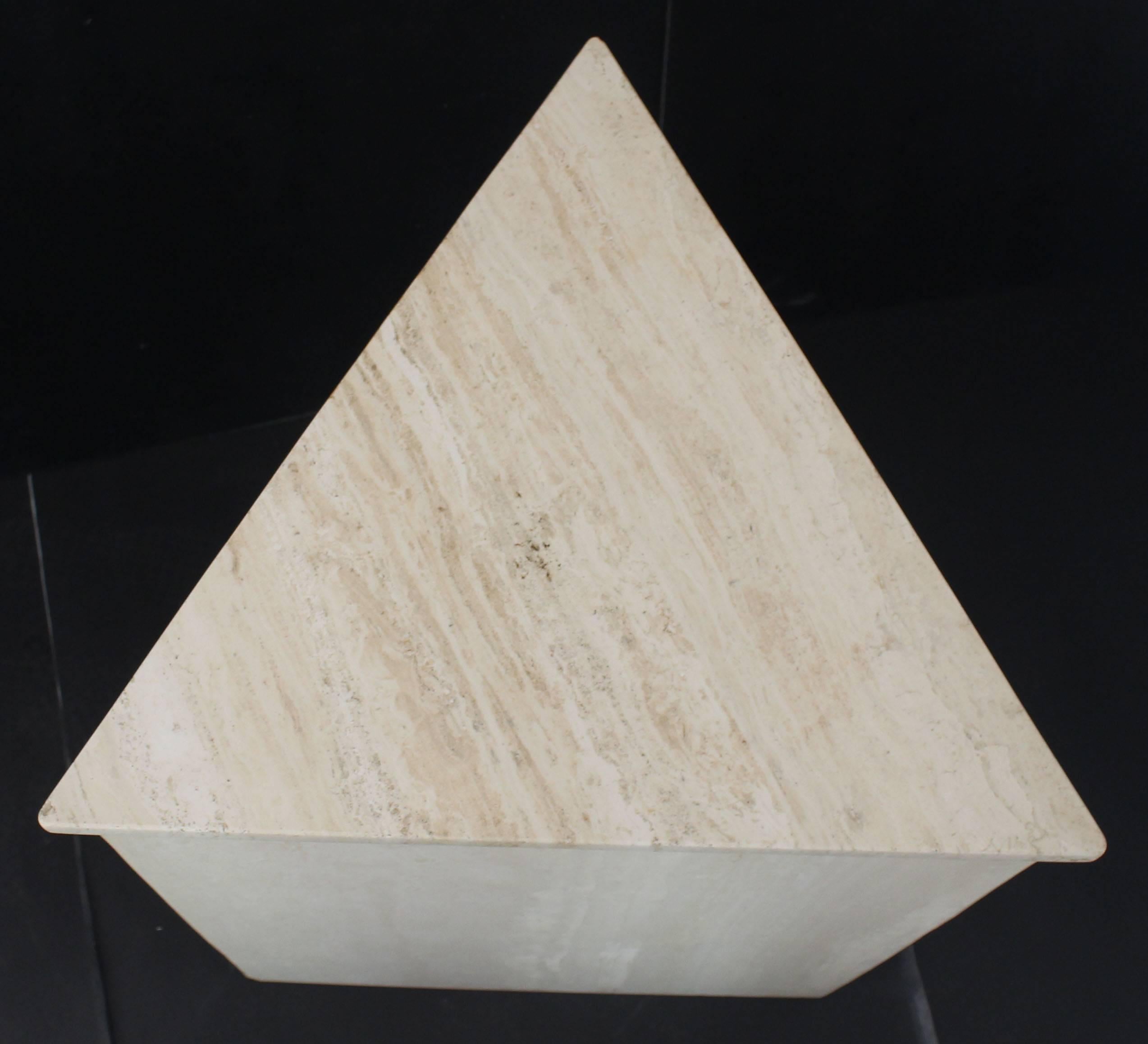 Mid-Century Modern Triangle Triangular Travertine Pedestal Stand Side Table