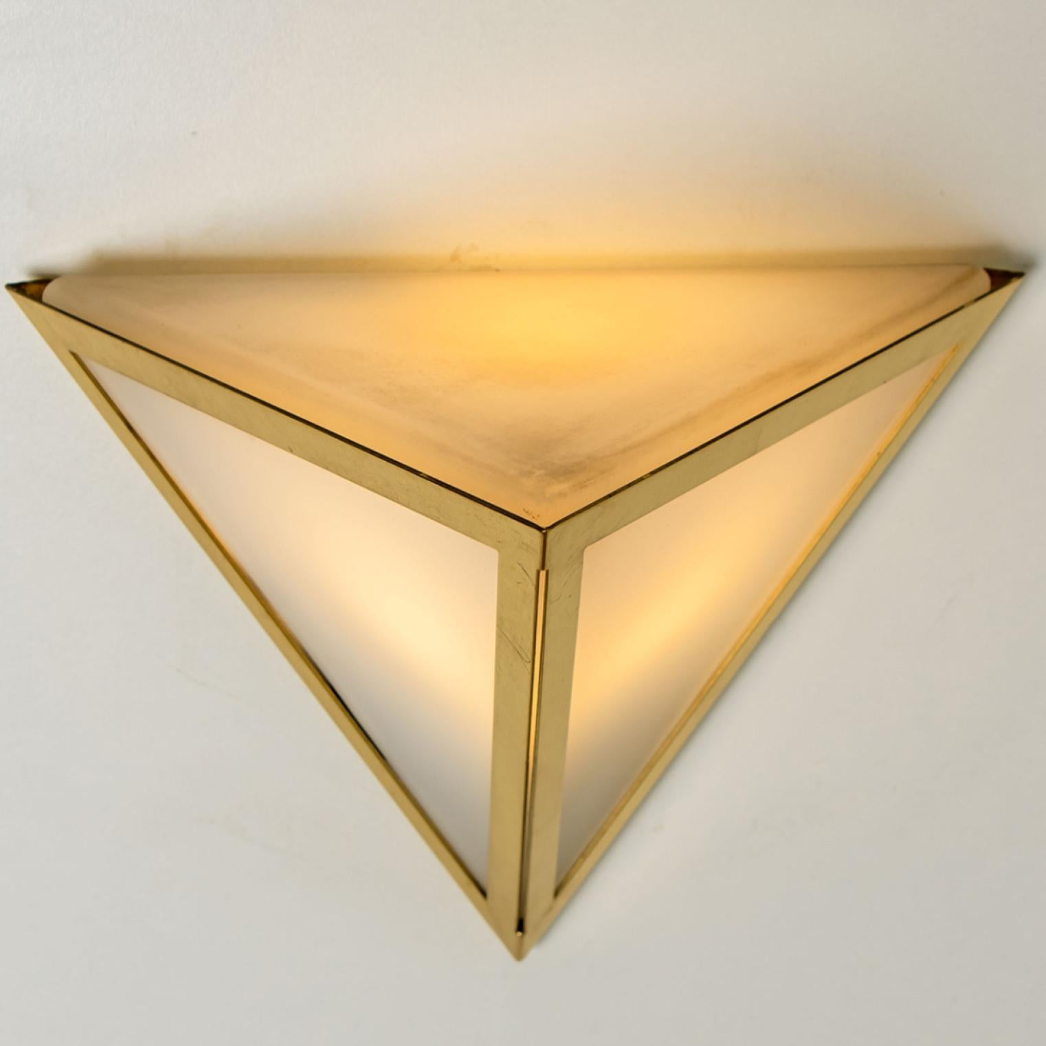 Triangle White Glass and Brass Wall Lights by Glashütte Limburg, 1970s For Sale 3