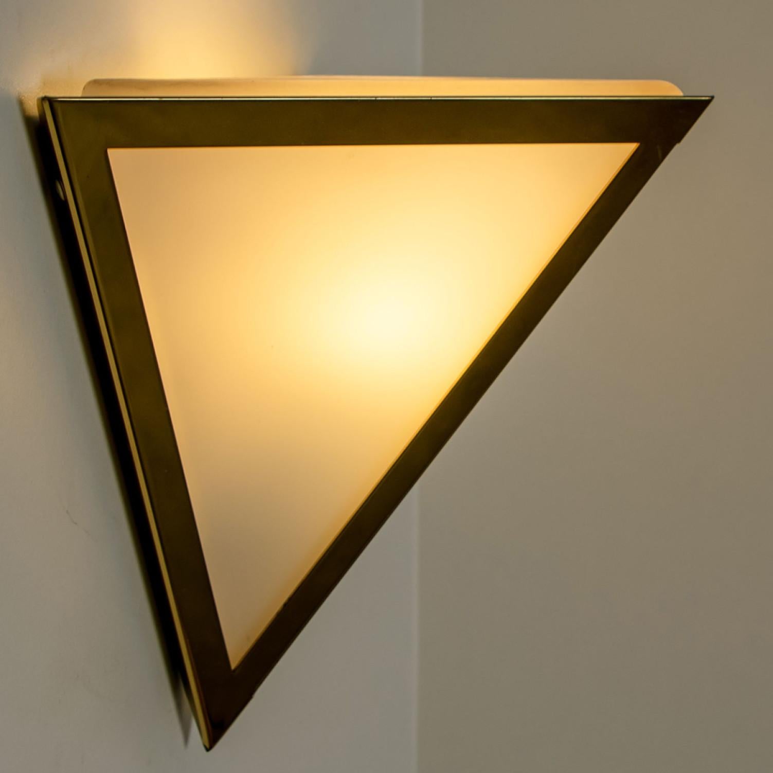 Triangle White Glass and Brass Wall Lights by Glashütte Limburg, 1970s For Sale 4