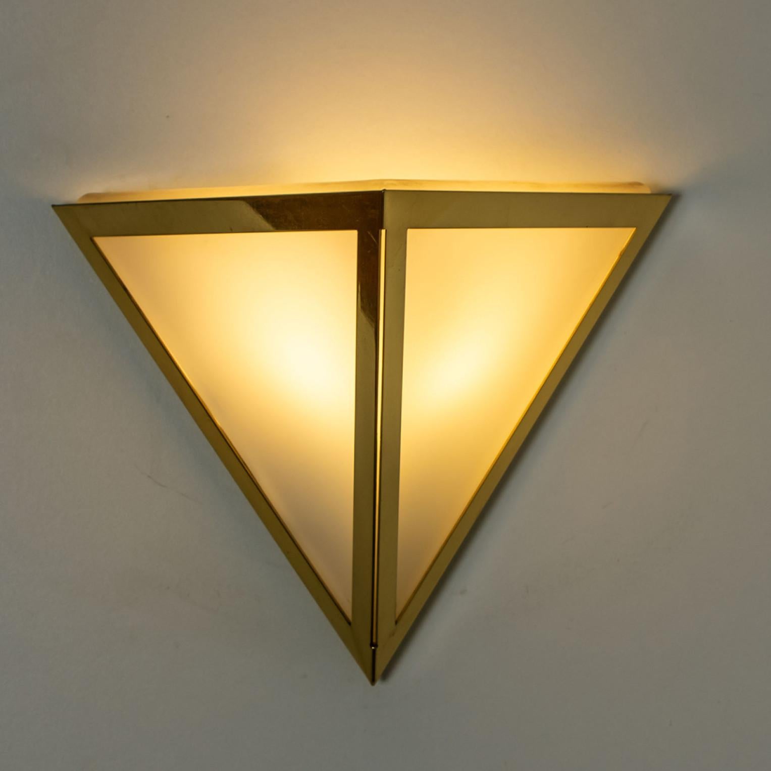 Triangle White Glass and Brass Wall Lights by Glashütte Limburg, 1970s For Sale 5