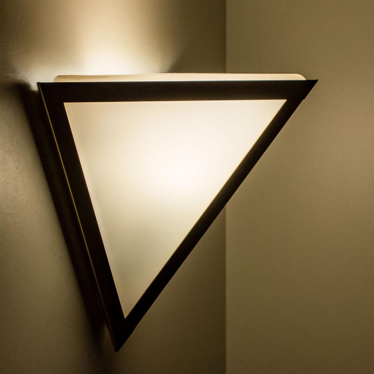 Triangle White Glass and Brass Wall Lights by Glashütte Limburg, 1970s For Sale 6