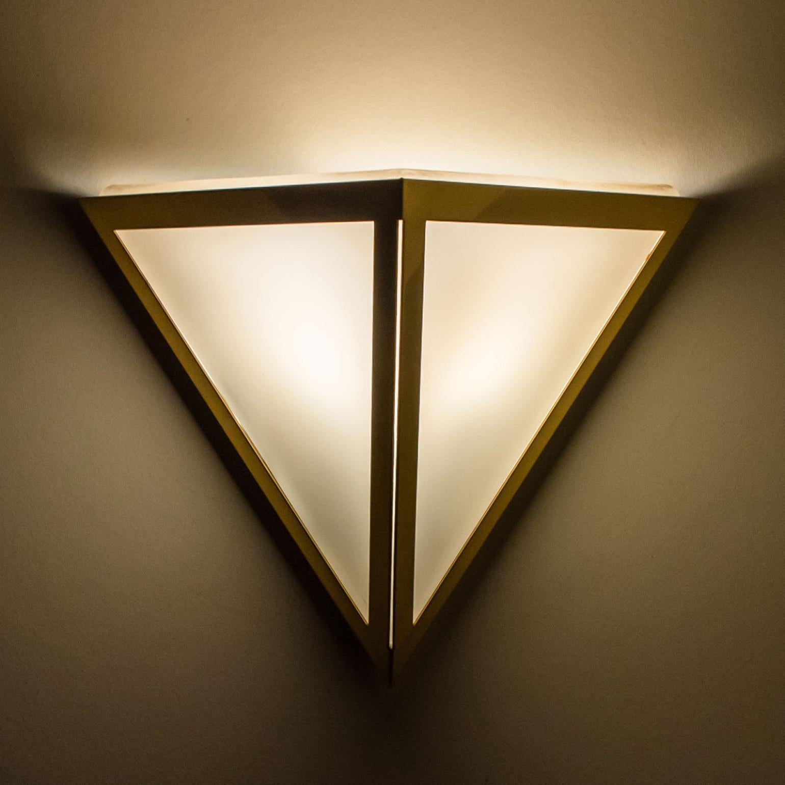 Triangle White Glass and Brass Wall Lights by Glashütte Limburg, 1970s For Sale 7