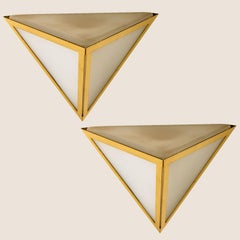Triangle White Glass and Brass Wall Lights by Glashütte Limburg, 1970s