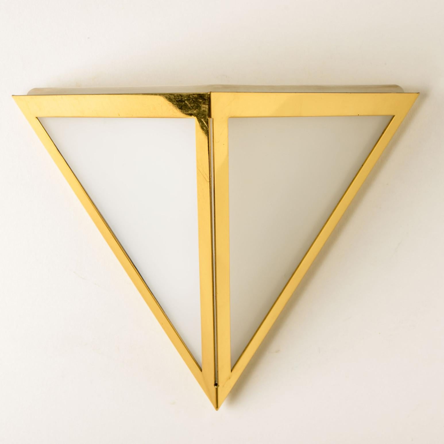 Mid-Century Modern Triangle White Glass and Brass Wall Lights by Glashütte Limburg, 1970s For Sale