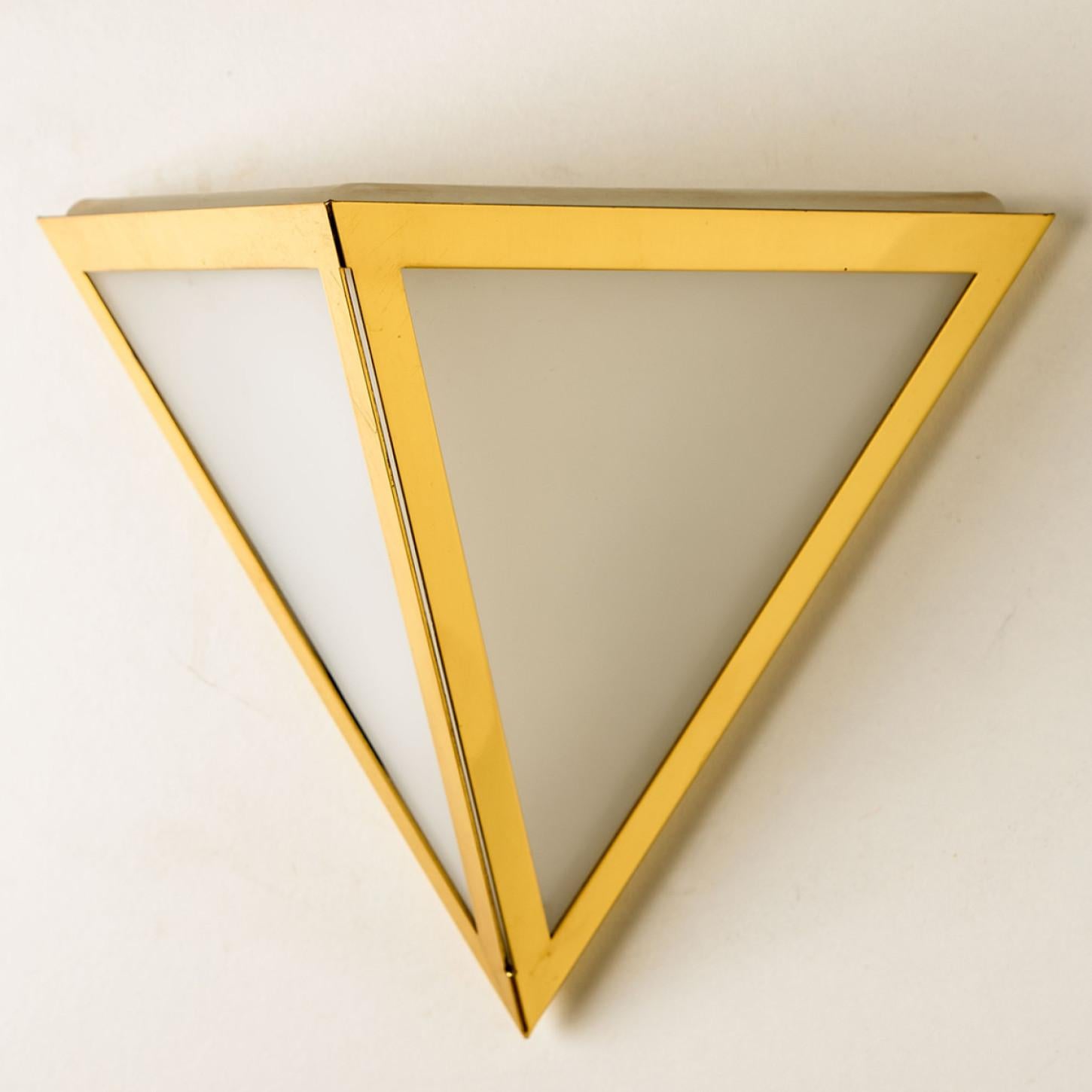 Late 20th Century Triangle White Glass and Brass Wall Lights by Glashütte Limburg, 1970s For Sale