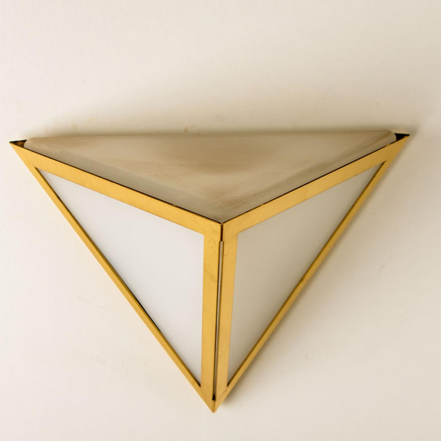 Triangle White Glass and Brass Wall Lights by Glashütte Limburg, 1970s For Sale 1