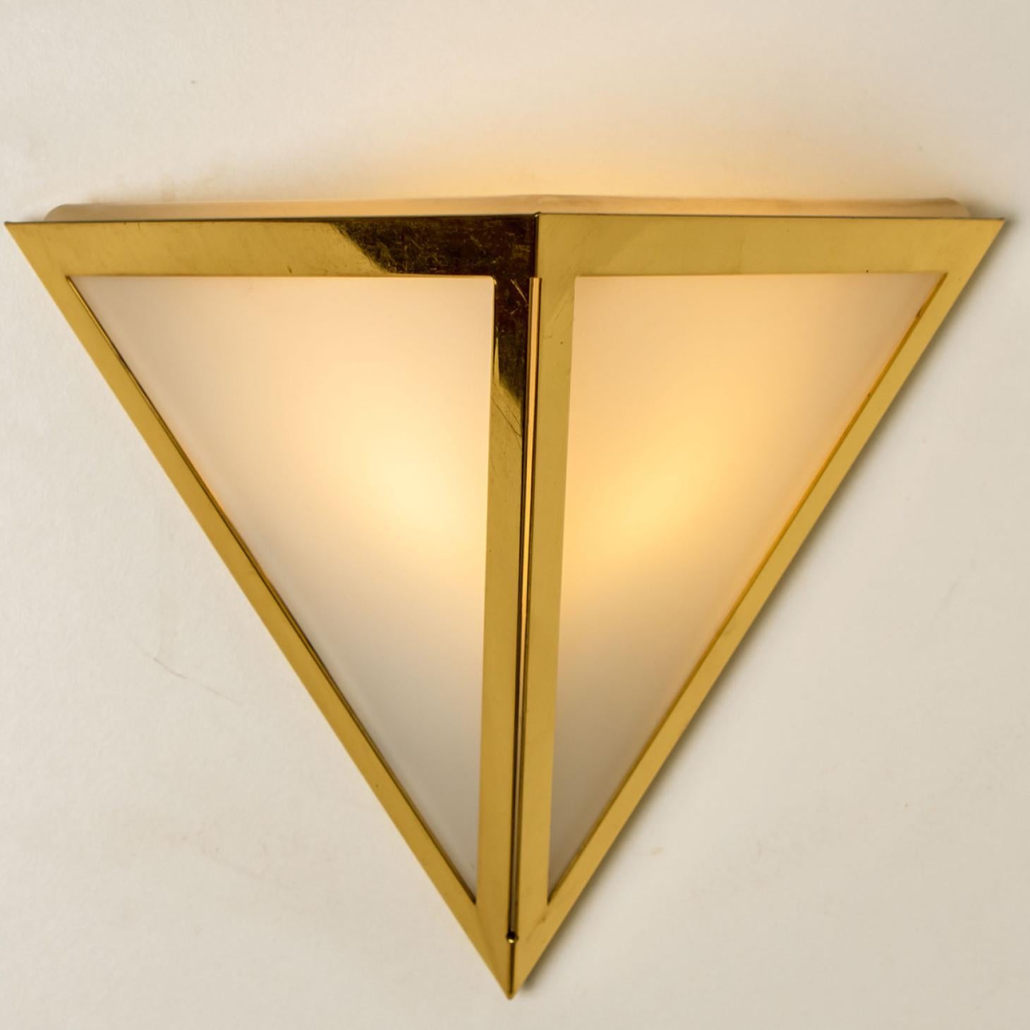 Triangle White Glass and Brass Wall Lights by Glashütte Limburg, 1970s For Sale 2