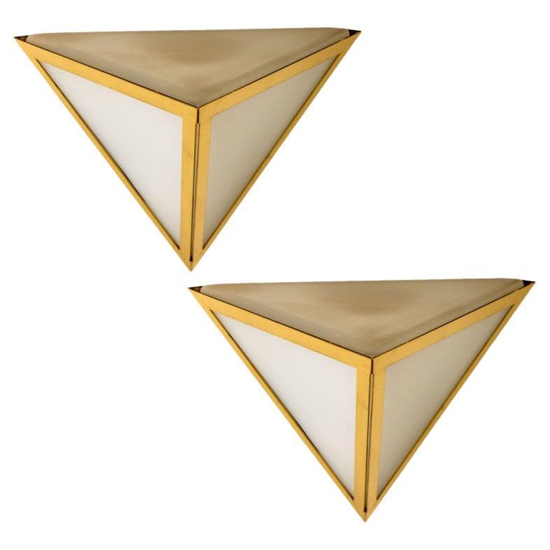 Triangle White Glass and Brass Wall Lights by Glashütte Limburg, 1970s For Sale