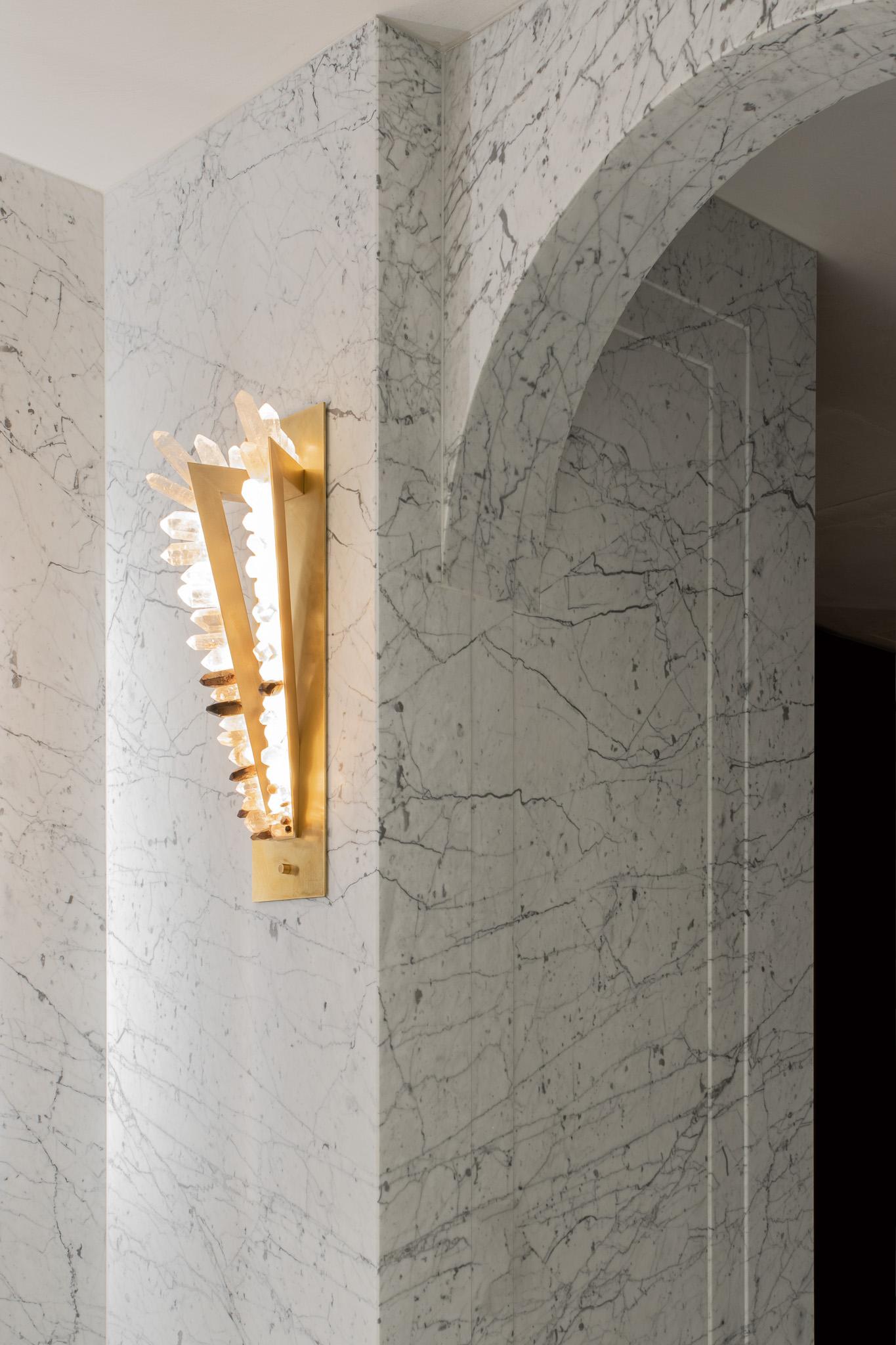 Quartz Triangle with Diagonal Side Bronze and Crystal Wall Lamp by Christopher Boots For Sale