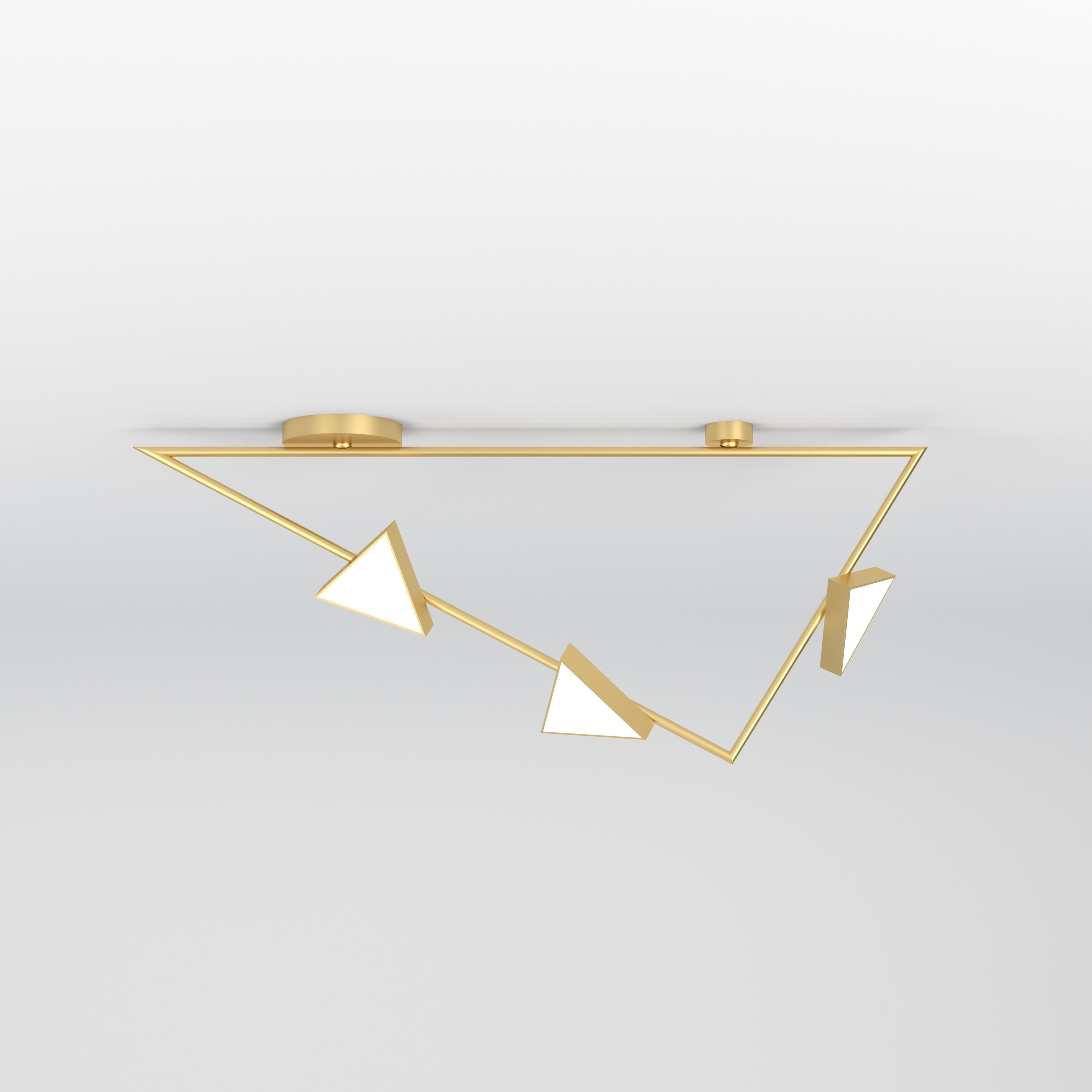 Triangle With Flat Triangles Ceiling Light by Atelier Areti
Dimensions: D 15 x W 100 x H 37.5 cm.
Materials: Brushed brass, white acrylic panels.

Available in white, black, or brass.

All our lamps can be wired according to each country. If sold to