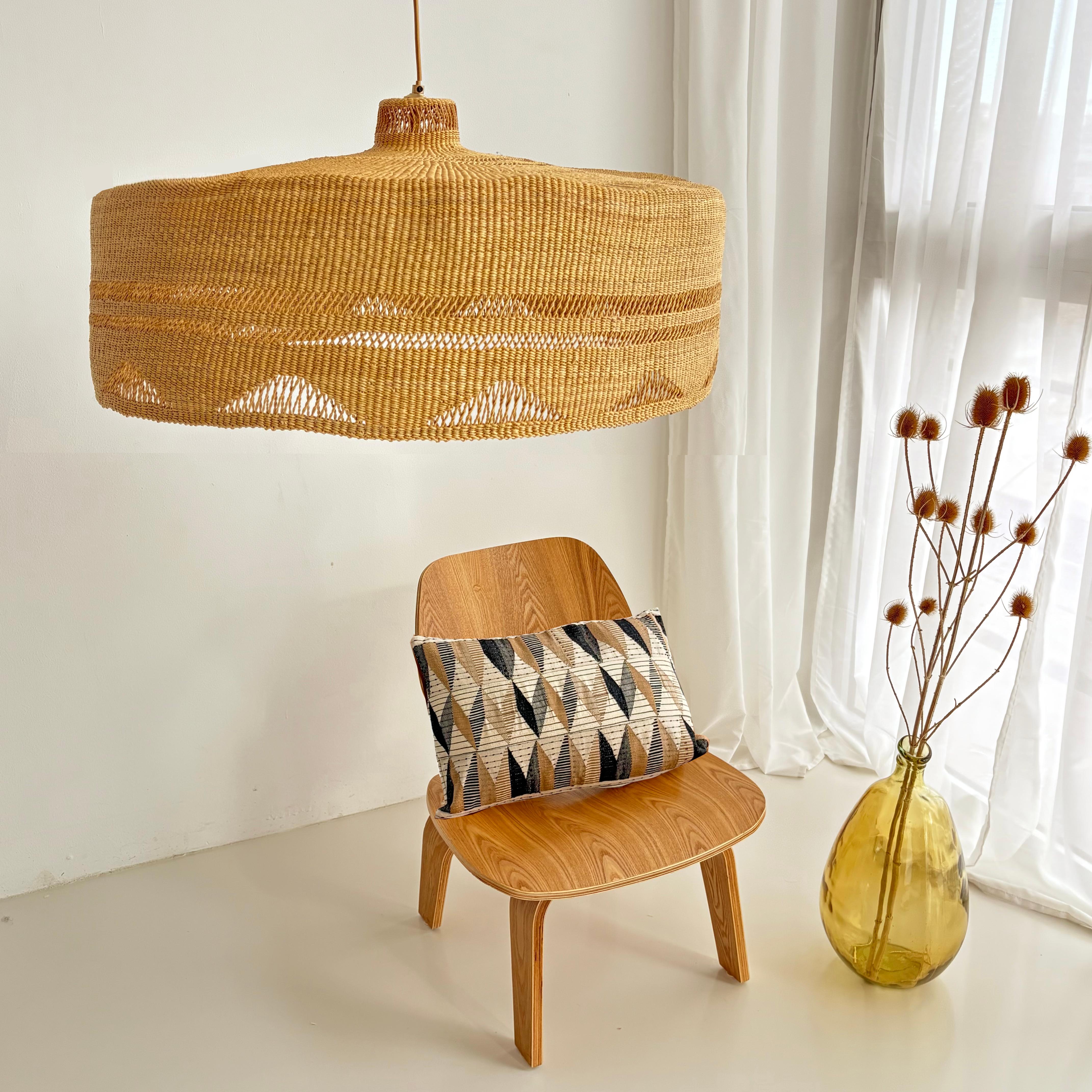 Hand-Crafted Triangle XL Pendant Lamp  Handwoven Straw Lighting For Sale