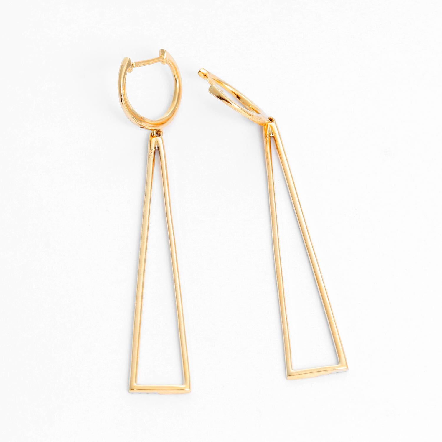 Triangular 14K Yellow Gold Diamond Earrings - Triangular shape set with 0.33ct diamond or a cushion shape set with 0.32ct diamond. Created in cool 14K yellow gold.  Total length 2 inches. Total weight 3.8 grams.