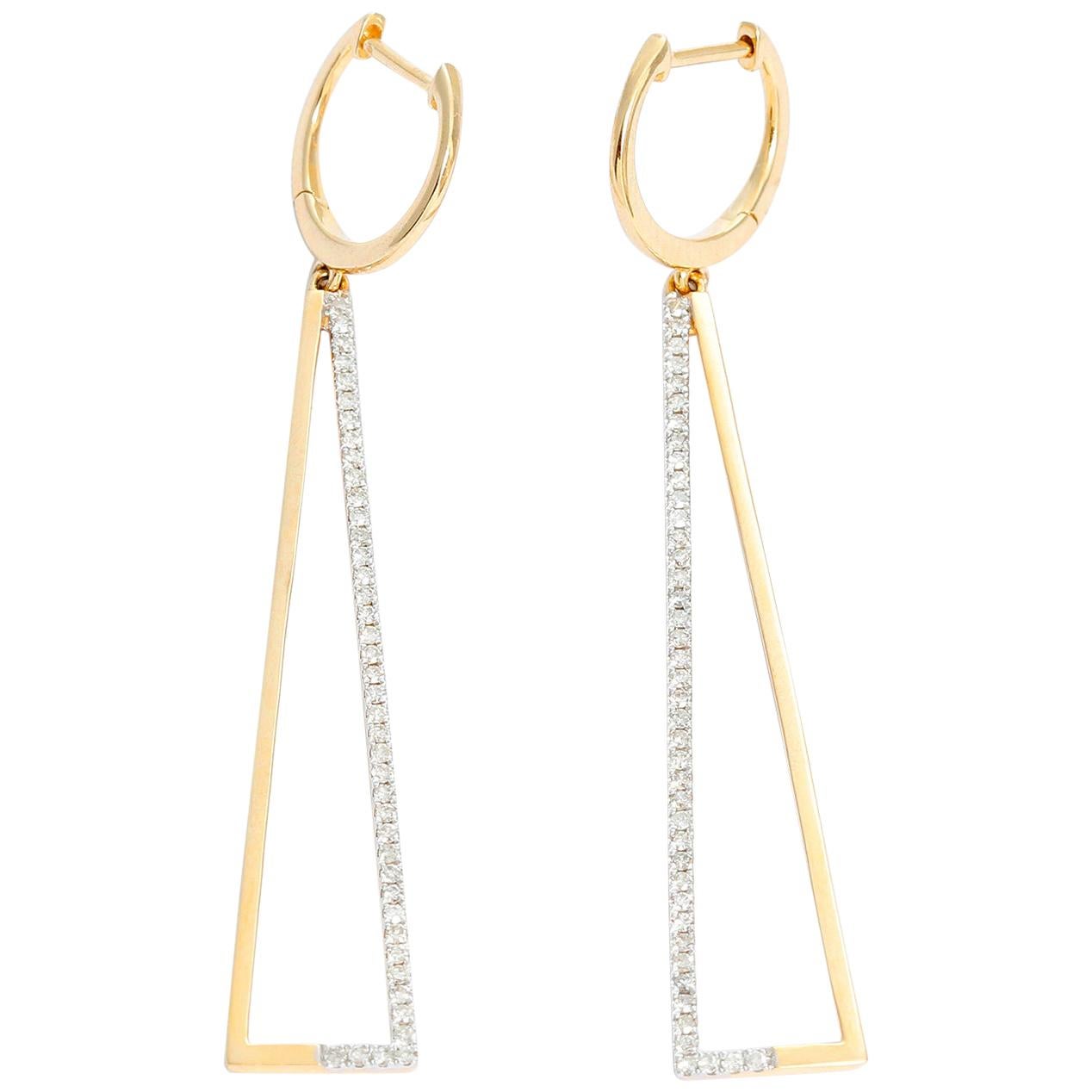 Triangular 14 Karat Yellow Gold Diamond Earrings For Sale