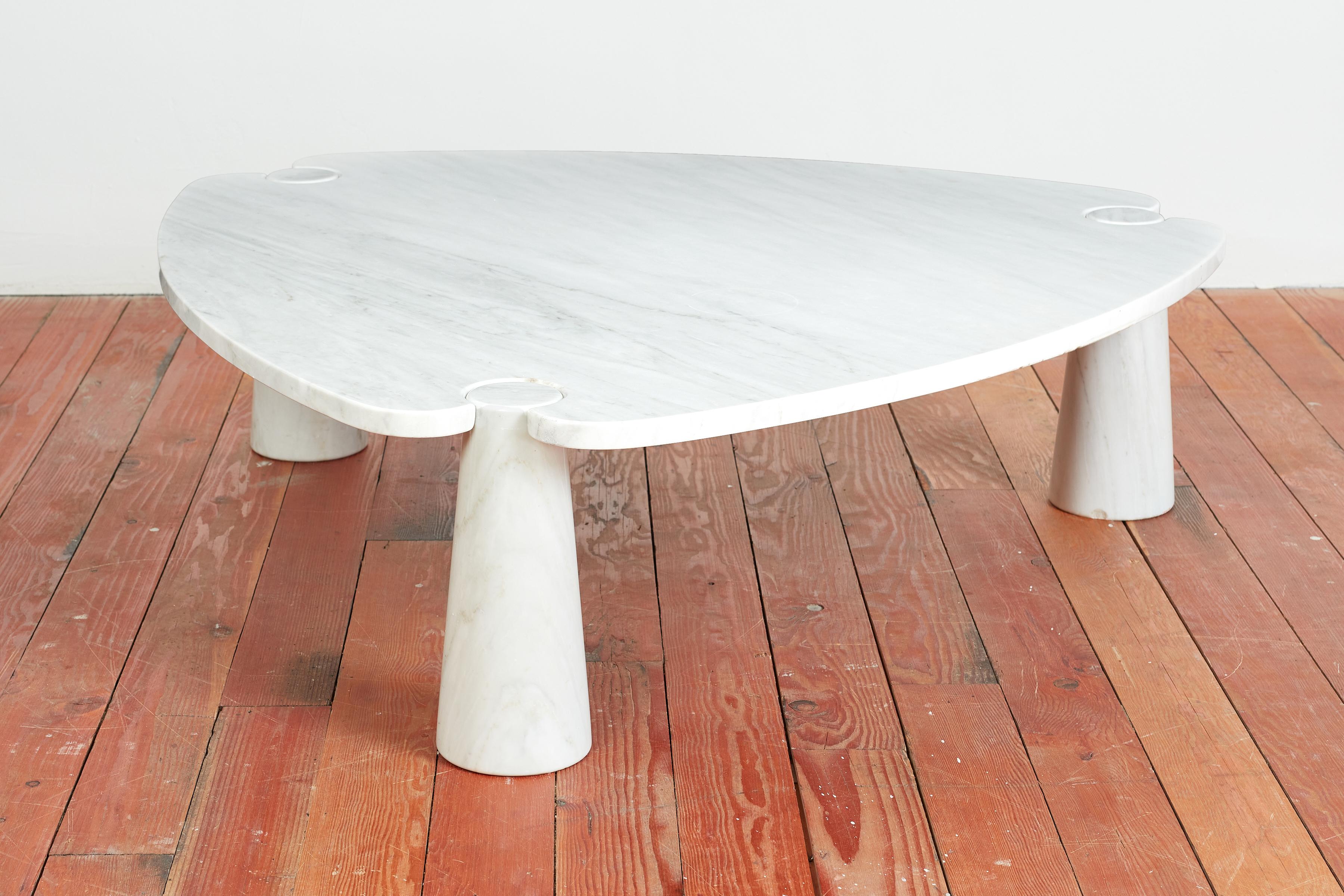Rare triangular shaped Angelo Mangiarotti coffee table in white Carrara marble. 
Extremely large size - 53