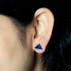 Triangular Blue Opal Stud Earrings in 18KT Gold with Diamond Halo