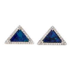 Triangular Blue Opal Stud Earrings in 18KT Gold with Diamond Halo