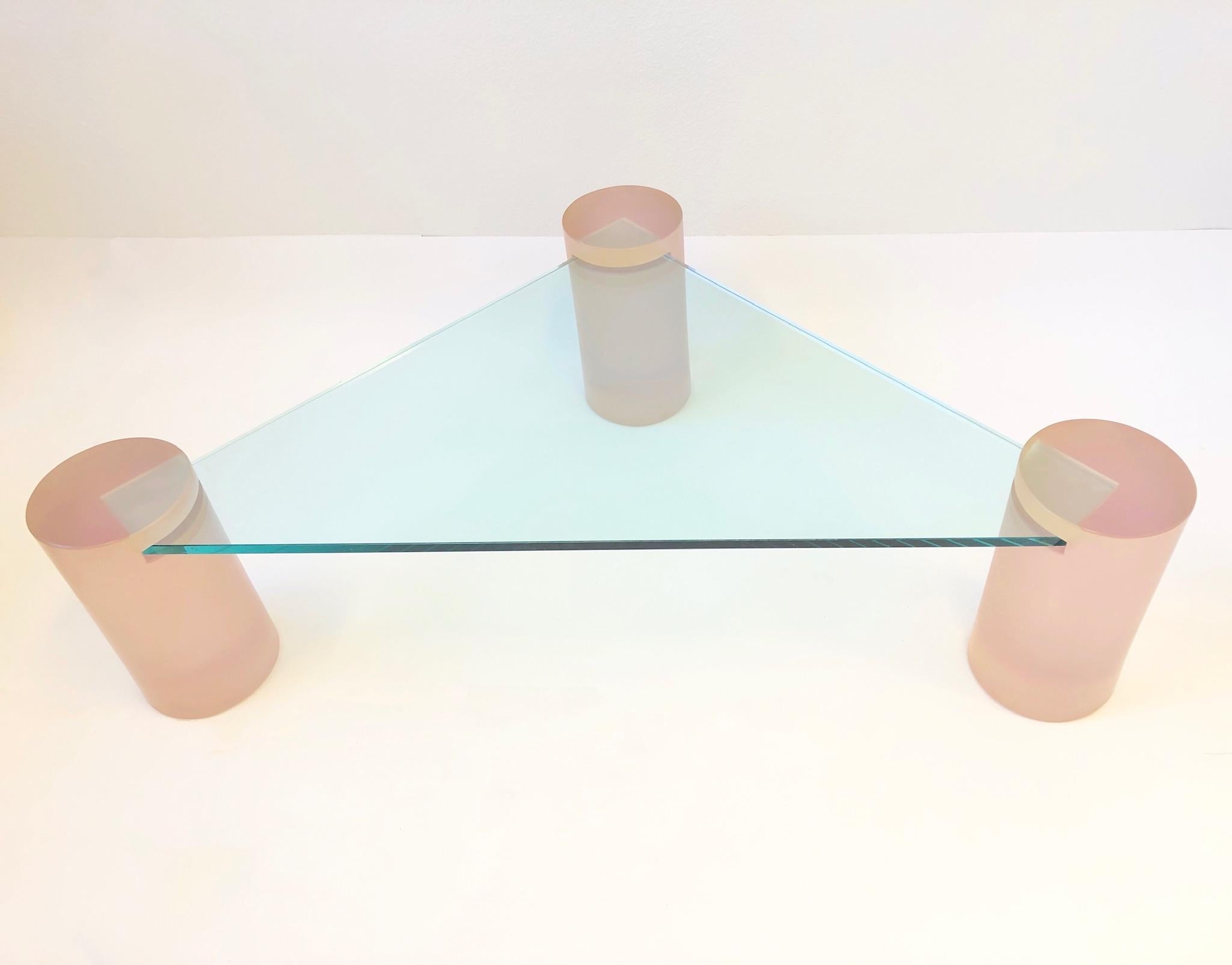 Triangular Blush Pink Lucite and Glass Cocktail Table For Sale 4