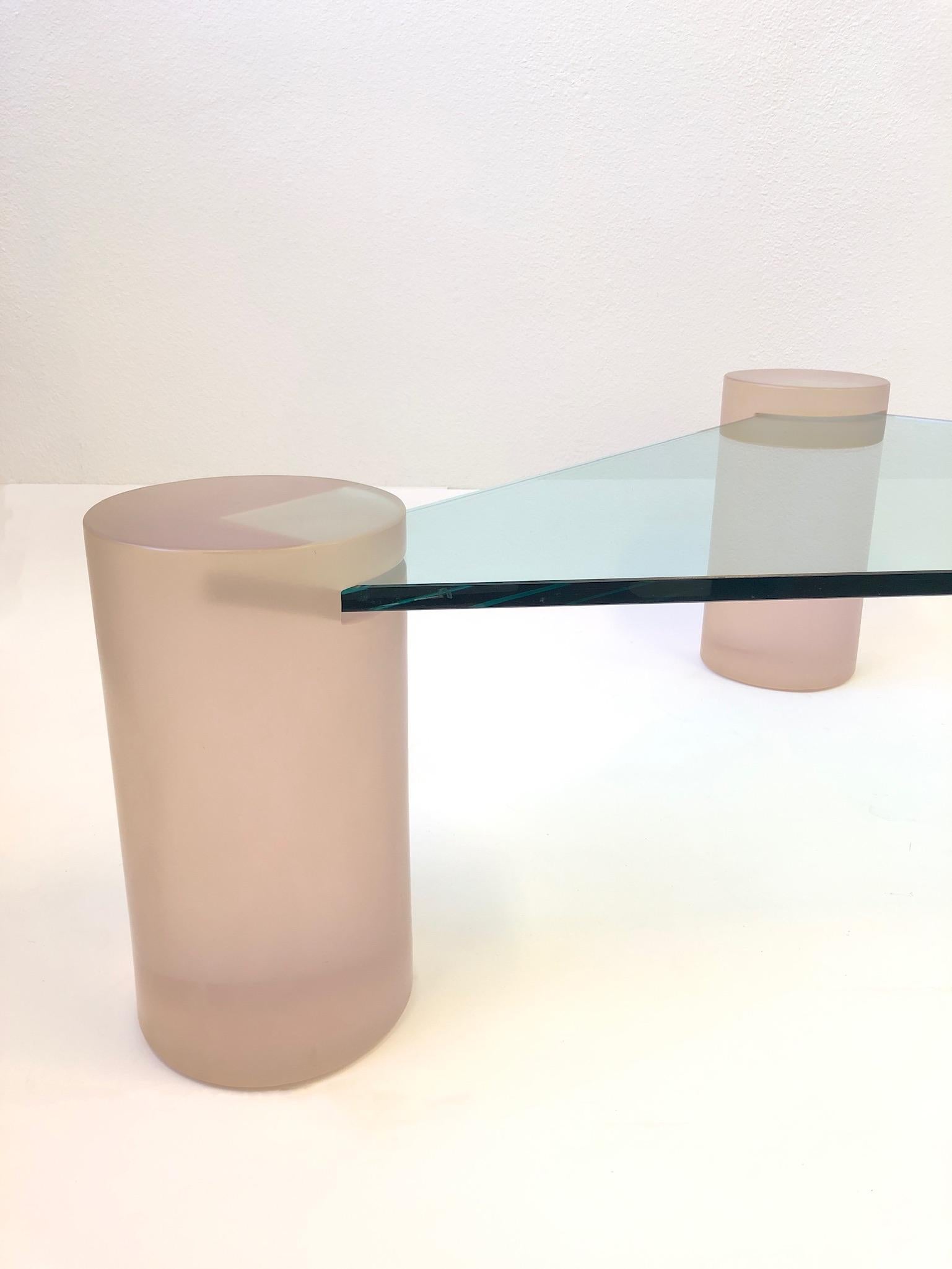 Modern Triangular Blush Pink Lucite and Glass Cocktail Table For Sale