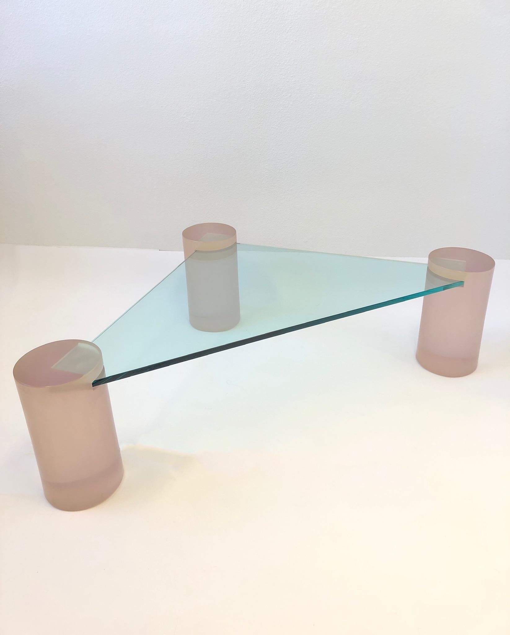 American Triangular Blush Pink Lucite and Glass Cocktail Table For Sale