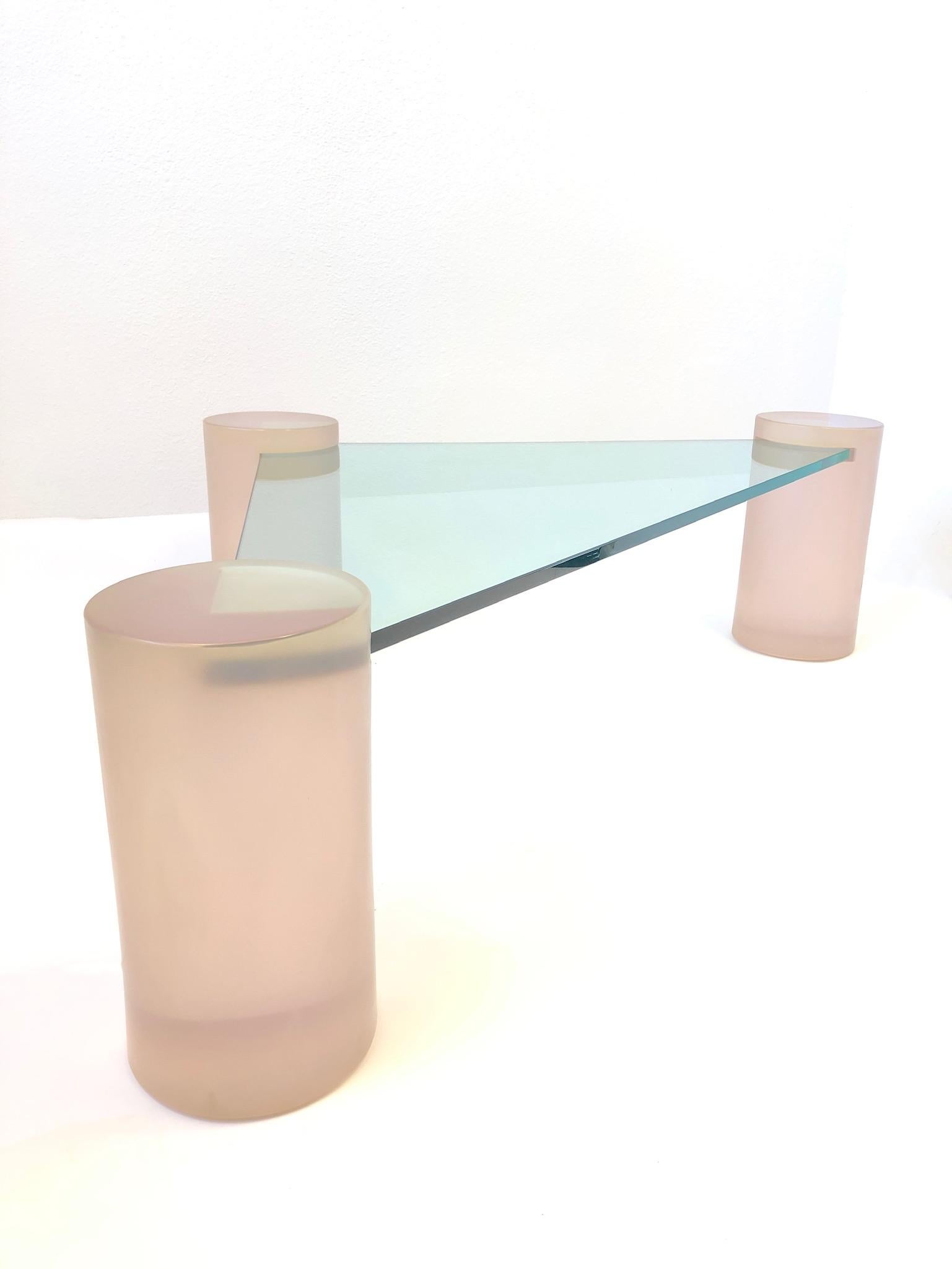 Modern Triangular Blush Pink Lucite and Glass Cocktail Table